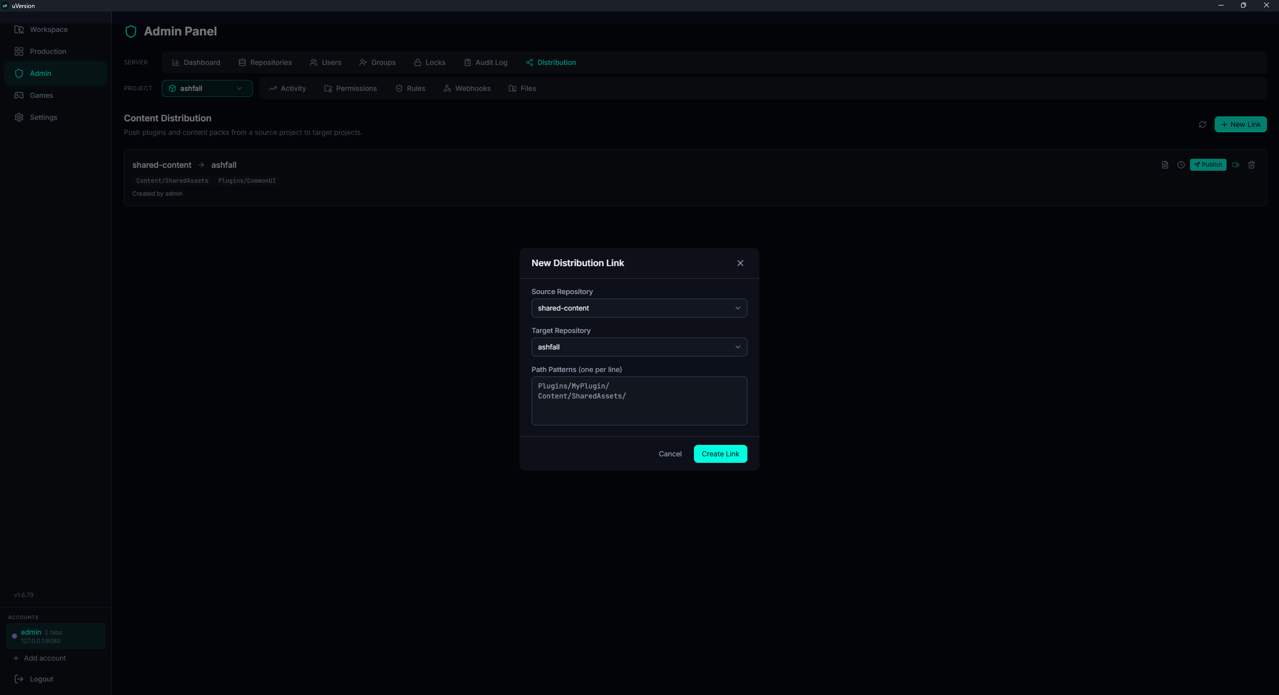 The New Link form: Source Repository, Target Repository, and the Path Patterns area.