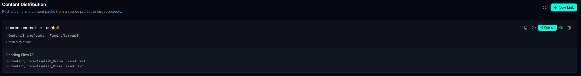 The pending files list (new/modified/locked) and the publication summary banner.