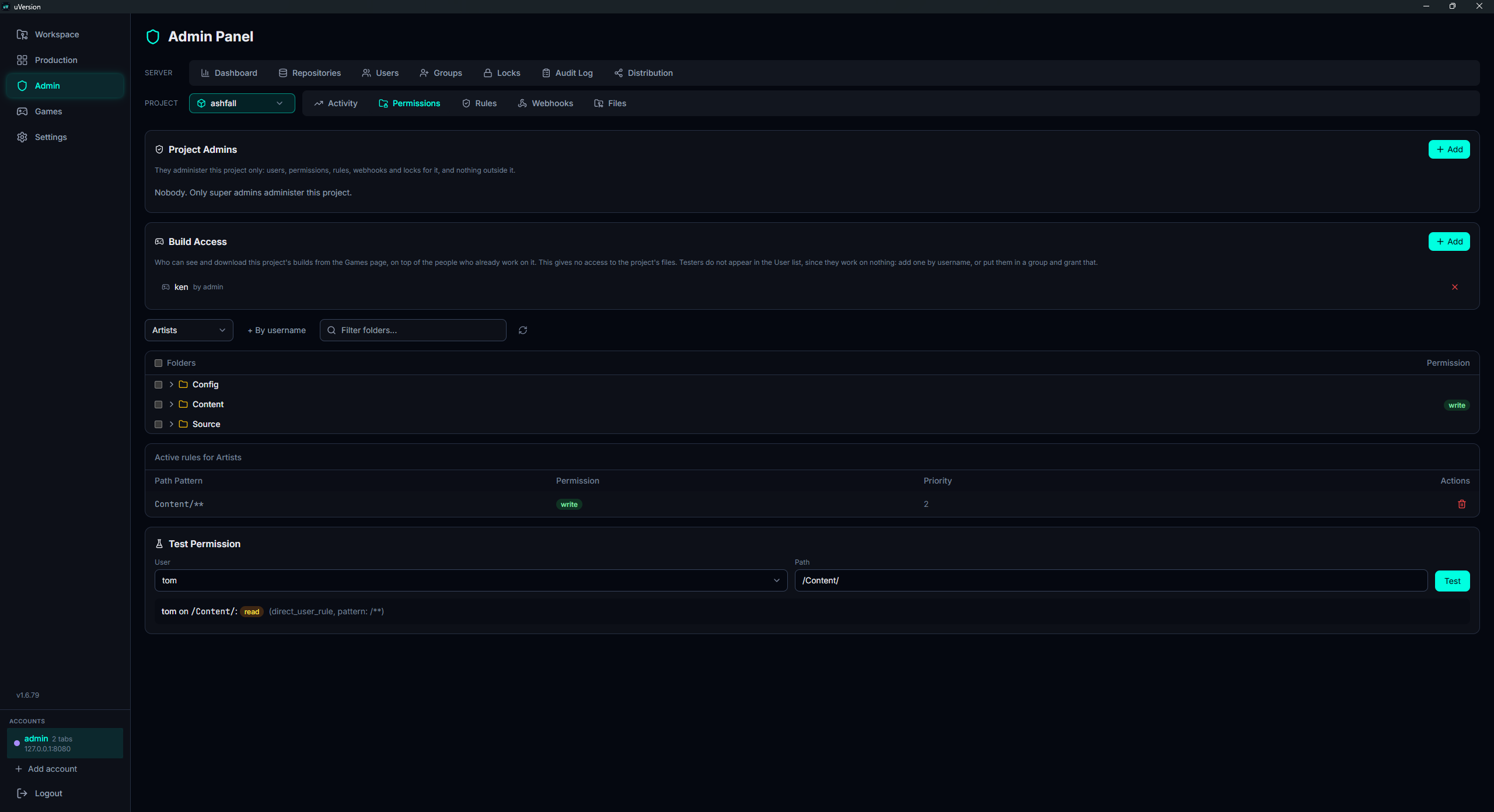 Das Panel Test Permission mit einem Ergebnis, das die effektive Stufe sowie die entscheidende Quelle und das Muster zeigt.
