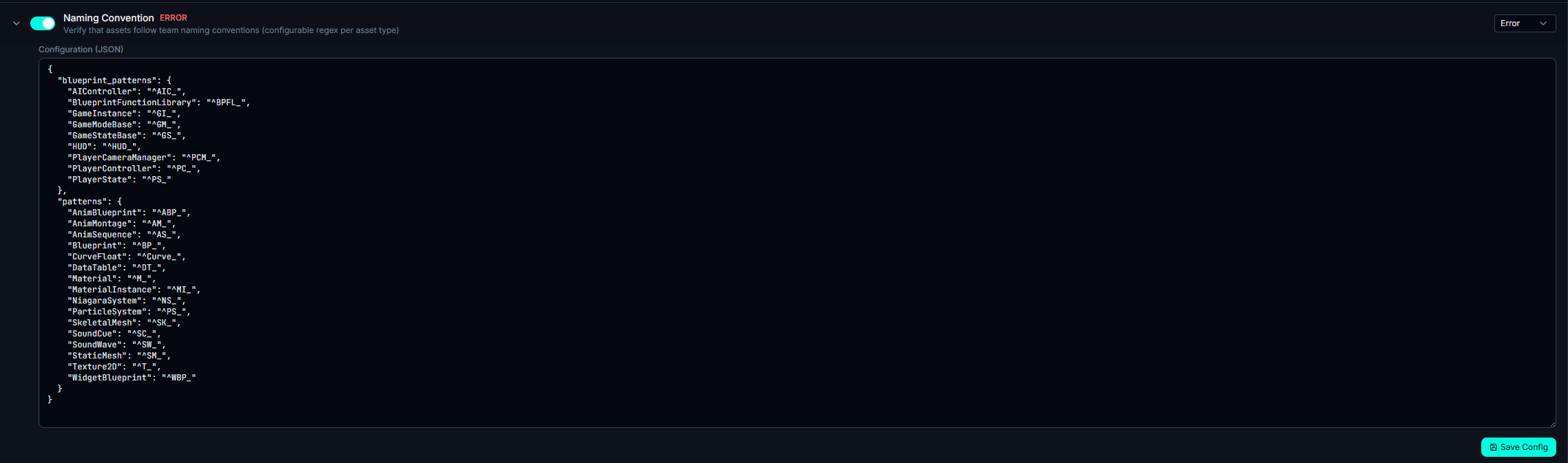 JSON 설정 편집기가 펼쳐진 규칙과 Save Config 버튼.