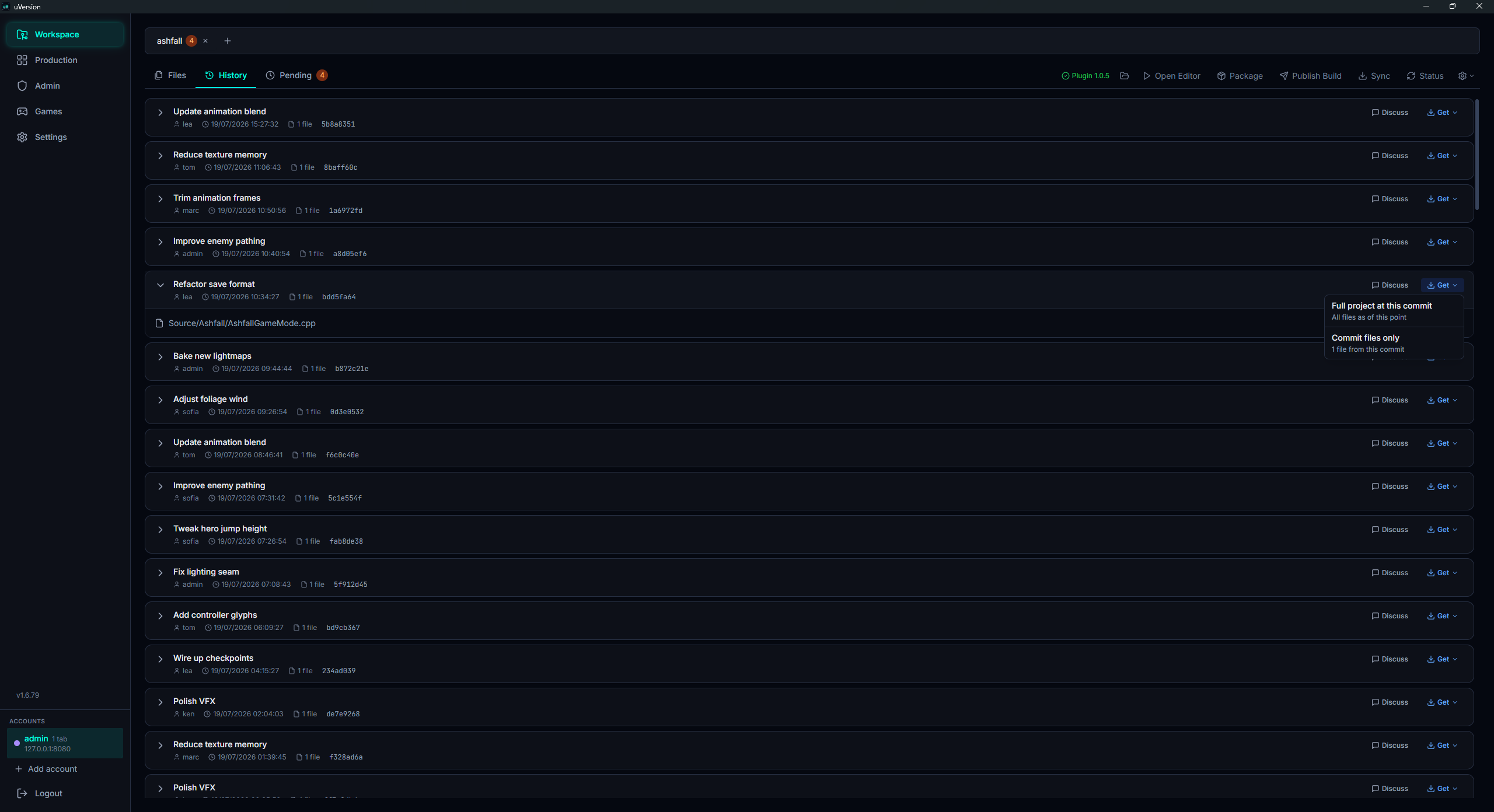 Развёрнутый commit со списком его файлов и кнопкой Get all этого commit.