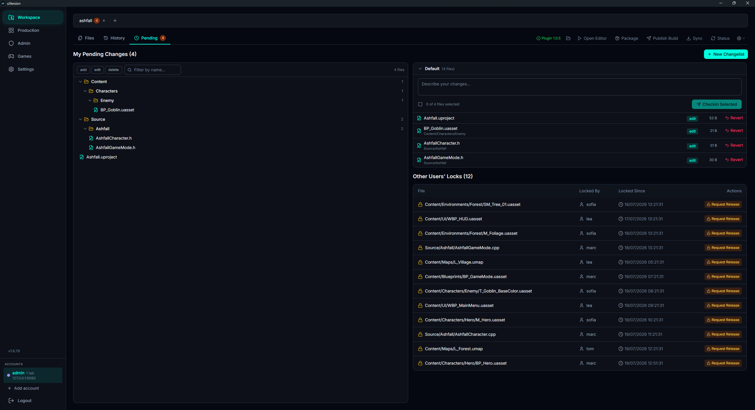 Вкладка Pending: разделы Your locks и Other users' locks, с кнопками Request release и Force unlock.