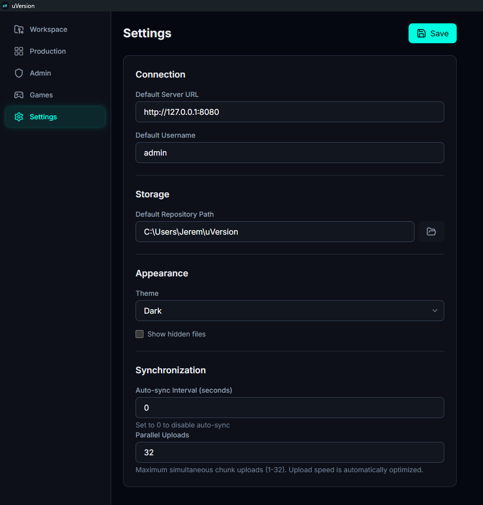 Панель Settings: тема, интервал авто-sync, параллельные загрузки, папка репозиториев по умолчанию.