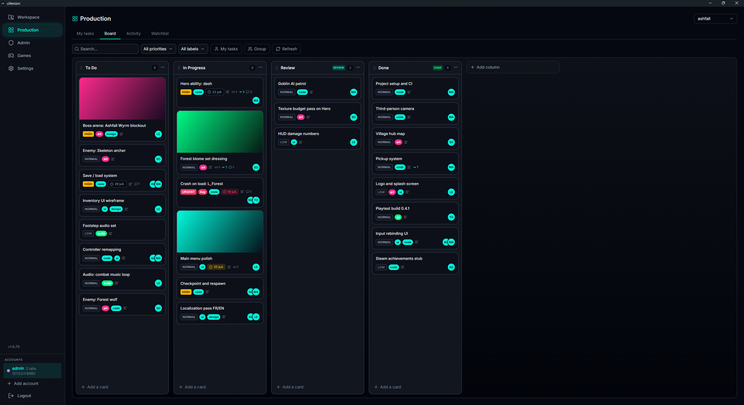 Kanban: колонки To Do / In Progress / Review / Done, карточки с приоритетом, метками, исполнителями, обложками.