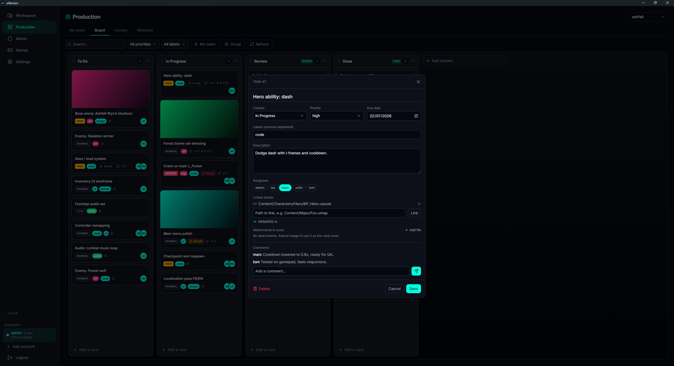 Открытая карточка: описание, исполнители, срок, комментарии, ссылки asset/commit, обложка.