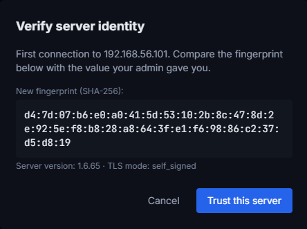 Der Dialog „Trust this server“ bei der ersten Verbindung: den Fingerabdruck vor dem Vertrauen abgleichen.